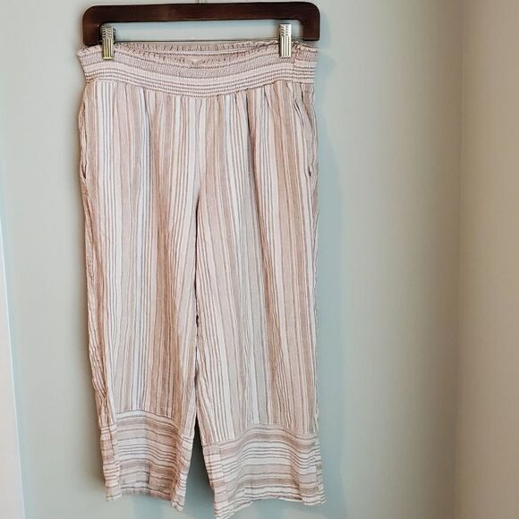 LAND AND SEA WOMEN'S STRIPE TAUPE CROPPED LENGTH LINEN PANTS SIZE MEDIUM - Picture 3 of 6